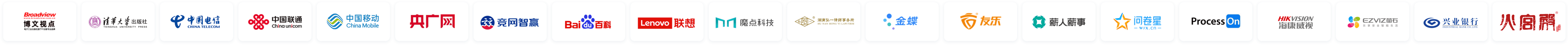 品牌合作:电子工业出版社博文视点|清华大学出版社|中国电信|中国联通|中国移动|央广网|竞网智赢|百度百科|Lenovo联想|魔点科技|湖南弘一律师事务所|金蝶|友乐咨询|薪人薪事|问卷星|Process On|海康威视|萤石云|兴业银行|火宫殿